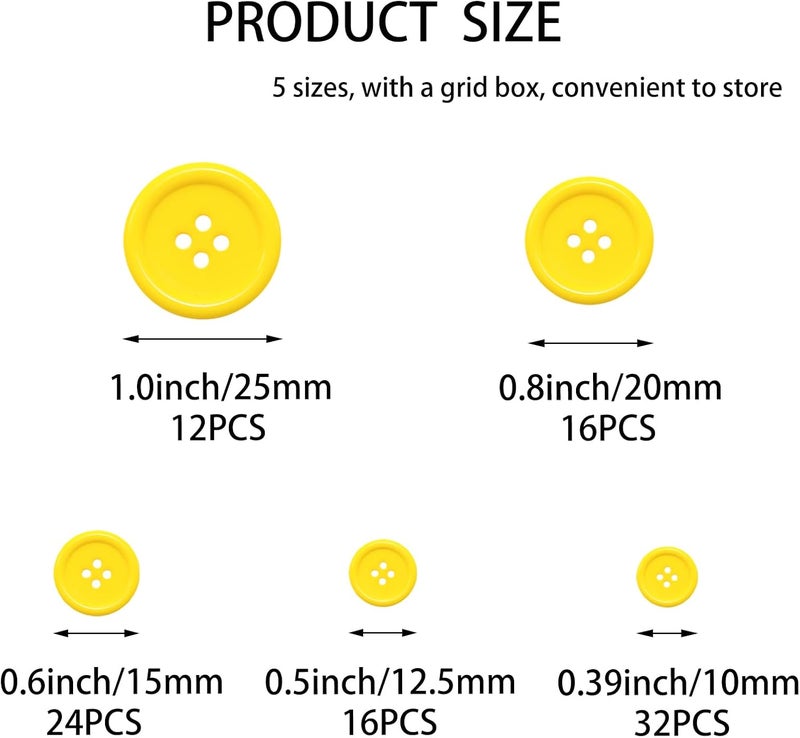 Lilaly 100 pcs Yellow Buttons for Crafts, 5 Sizes Mixed Round Sewing Buttons for Clothes, Suitable for for DIY Crafts, Coats, Shirts, Pants, Shorts - Image 2